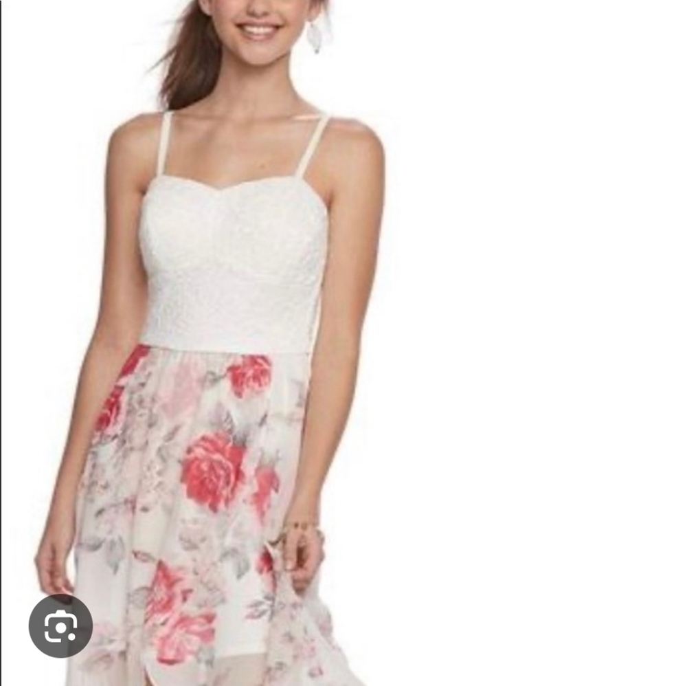 Lily Rose White Lace Floral Rose Sheer Bottom Large High Low Sleeveless Dress